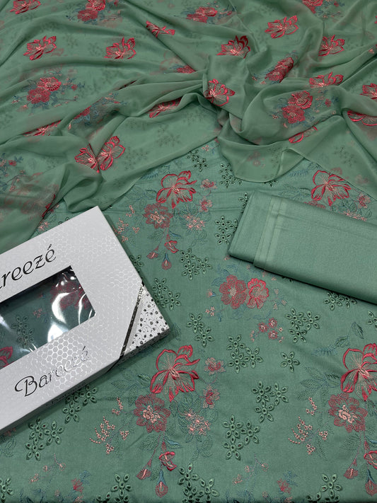 Bareeze- Karandi 3 Pcs All Over Embroidered Unstitched Suit With Chiffon Dupatta