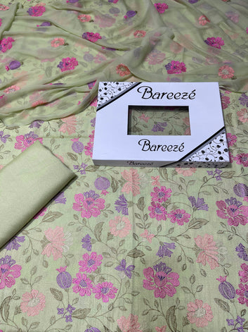 Bareeze- Karandi 3 Pcs All Over Embroidered Unstitched Suit With Chiffon Dupatta