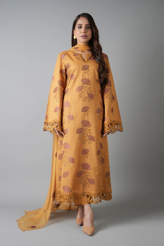Bareeze- Karandi 3 Pcs All Over Embroidered Unstitched Suit With Chiffon Dupatta