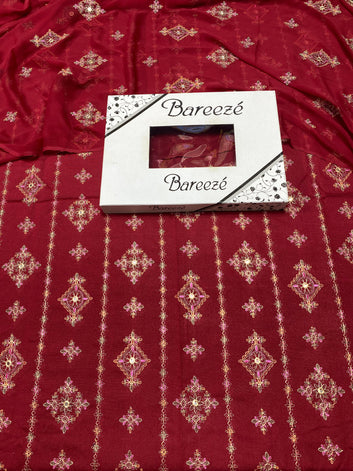 Bareeze- 9MM Karandi 3 Pcs All Over Embroidered Unstitched Suit With Chiffon Dupatta