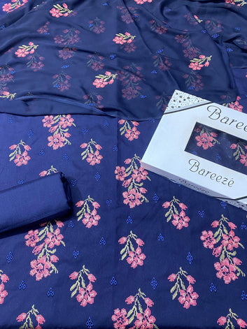 Bareeze- Karandi 3 Pcs All Over Embroidered Unstitched Suit With Chiffon Dupatta