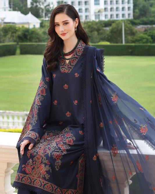 Bareeze- Karandi 3 Pcs All Over Embroidered Unstitched Suit With Chiffon Dupatta