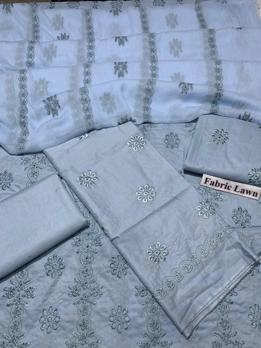 Chikan Kari - Lawn 3 Pcs Embroidered unstitched Dress with Chiffon Dupatta.