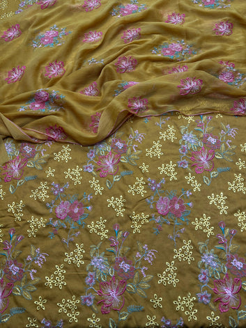 Bareeze- Karandi 3 Pcs All Over Embroidered Unstitched Suit With Chiffon Dupatta