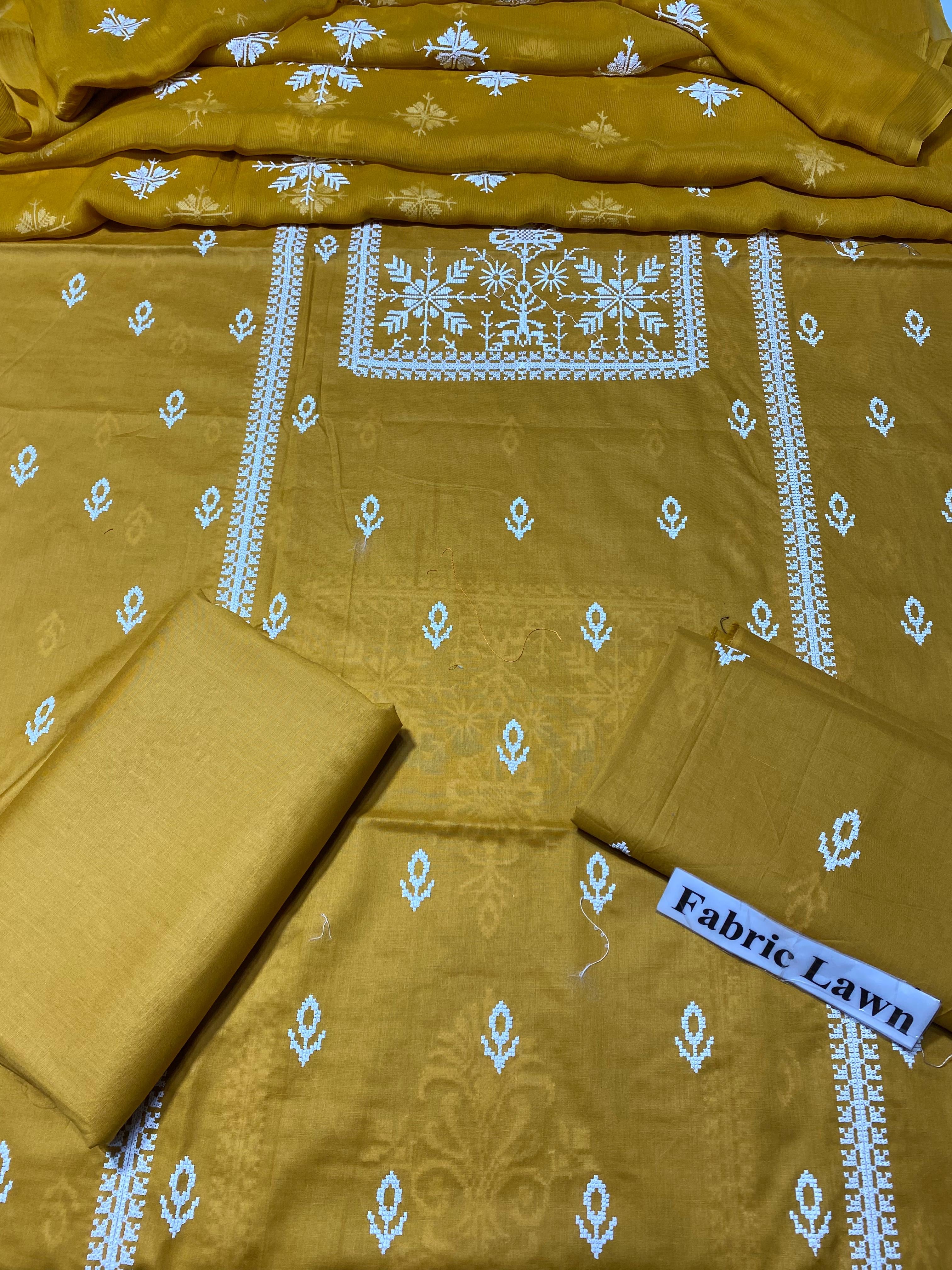 Pure Lawn 3 Pcs Embroidered unstitched Dress with Chiffon Dupatta.