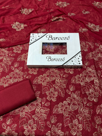 Bareeze- Karandi 3 Pcs All Over Embroidered Unstitched Suit With Chiffon Dupatta