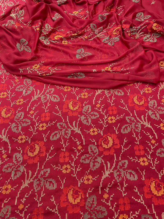 Bareeze- Karandi 3 Pcs All Over Embroidered Unstitched Suit With Chiffon Dupatta