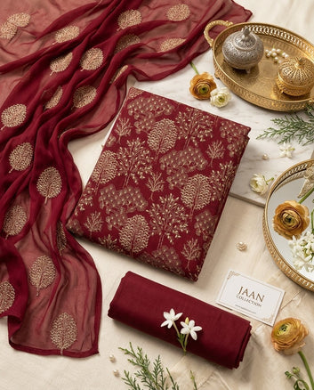 Bareeze- Karandi 3 Pcs All Over Embroidered Unstitched Suit With Chiffon Dupatta