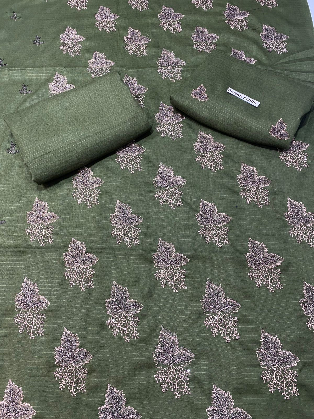 Doria Dhanak - 2Pcs Embroidered Shirt with Plain Trouser.